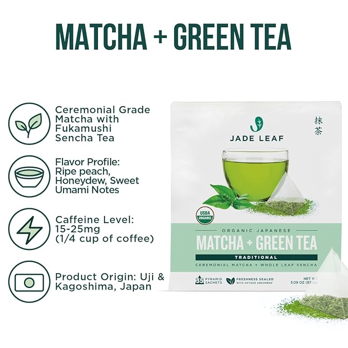 Jade Leaf Matcha Organic Matcha + Green Tea Bags - Traditional - Ceremonial Matcha + Whole Leaf Sencha - Authentic Japanese Origin (35 Pyramid Sachets)