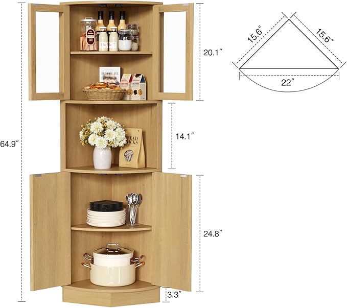 64.9" Tall Corner Cabinet, Modern Fluted Storage Cabinet with Glass Door and 5 Storage Shelves, Space Saver for Kitchen, Bathroom, Living Room, Natural