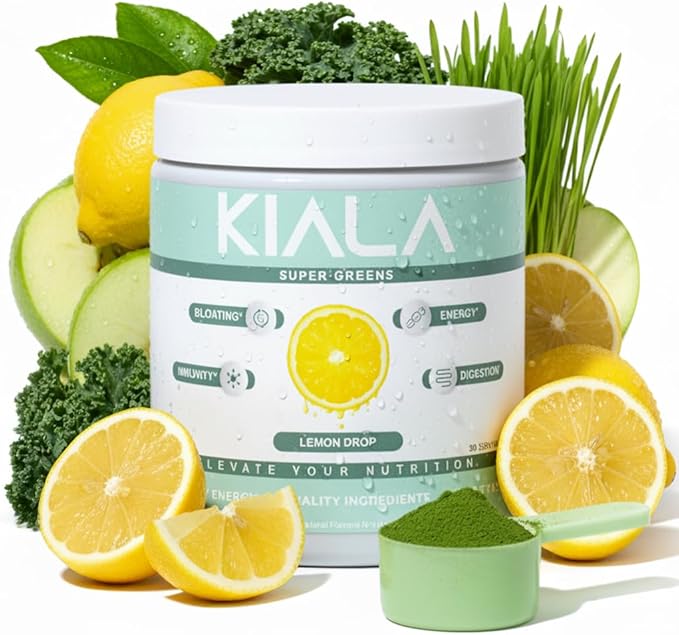 Kiala Nutrition Super Greens, Organic Greens Powder with Spirulina & Chlorella for Digestion, Gut Health, Immunity, Energy, Gluten Free, Vegan, Sugar Free, Spectra Blend, Lemon Drop, 30 Servings