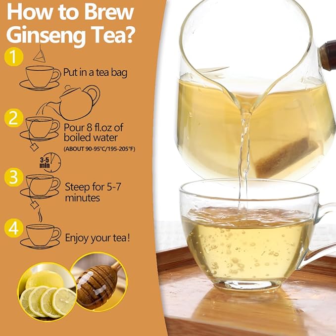 Premium 60 Ginseng Tea Bags, Made with Pure 100% Natural Wild Ginseng Root, Energizing & Immune Support, No Artificial Flavors & Caffeine Free.