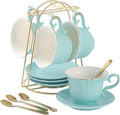 DUJUST Tea Cups and Saucers Set of 4 (8 OZ), Nile Blue Tea Cup Set with Golden Trim, Petal Edge Coffee Cups with Metal Stand, Simple Style Porcelain Tea Party Set - Light Green