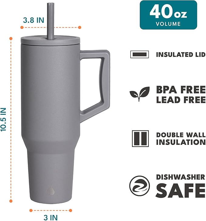 Elemental 40 oz Tumbler with Handle and Straw - Spill Proof Insulated Stainless Steel Commuter for Hot and Cold Beverages - Travel Coffee Mug with 2 Straws & Spill Proof Lid - 40oz - Graphite