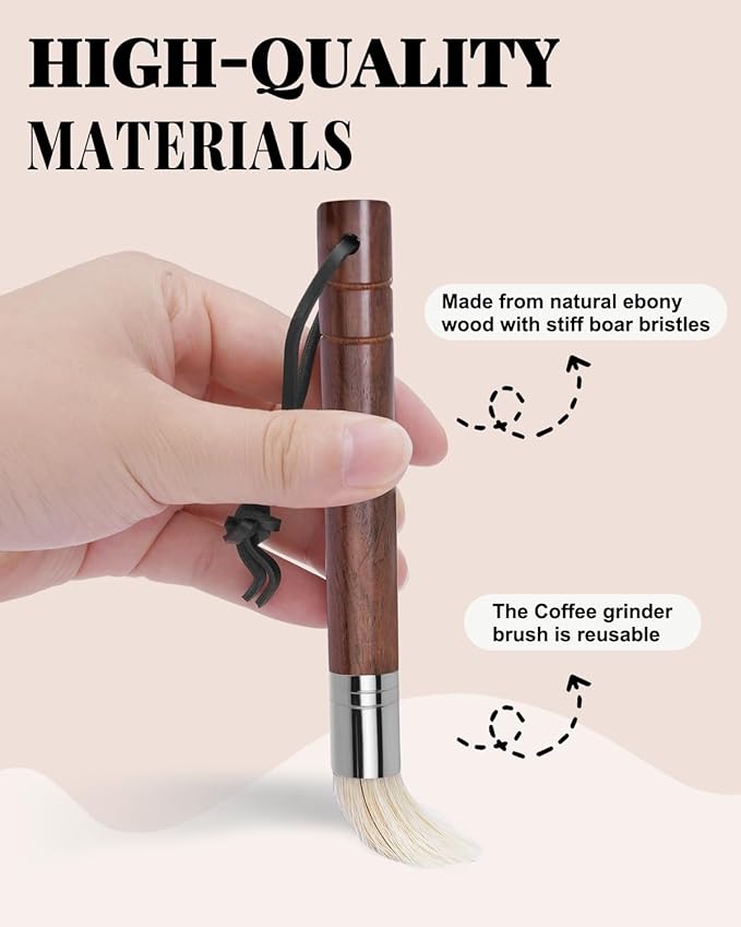 Espresso Brush Kit – Coffee Grinder Brush With Ebony Wood Boar Bristles & Lanyard, Black Rubber Air Blower Nozzle, Compatible With Espresso Machines, Coffee Grinders