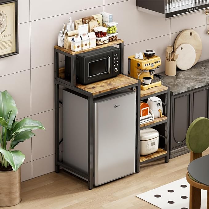 6-Tier Mini Fridge Cabinet Microwave Stand Baker Rack, Mini Fridge Stand with Storage Shelves, Microwave Oven Stand, Utility Storage Shelf for Kitchen, Living Room, Dorm, Patio.(Brown)