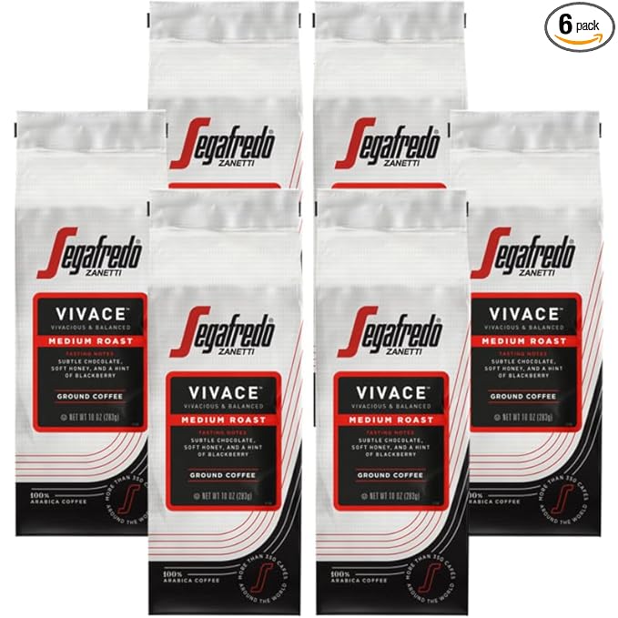 Segafredo Zanetti Ground Coffee – Made with Arabica Coffee – Medium Roast, Balanced with Smooth Acidity – Colombian & Brazilian Blend – Vivacious Medium Body – Vivace, 10oz Bag, Pack of 6