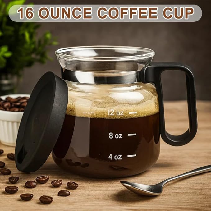16 Oz Coffee Pot Mug,Mini Coffee Pot Cup,with Spill Proof Lid Heatproof Glass Mug Large Capacity ideal Gift for Coffee Lovers (2Pcs)