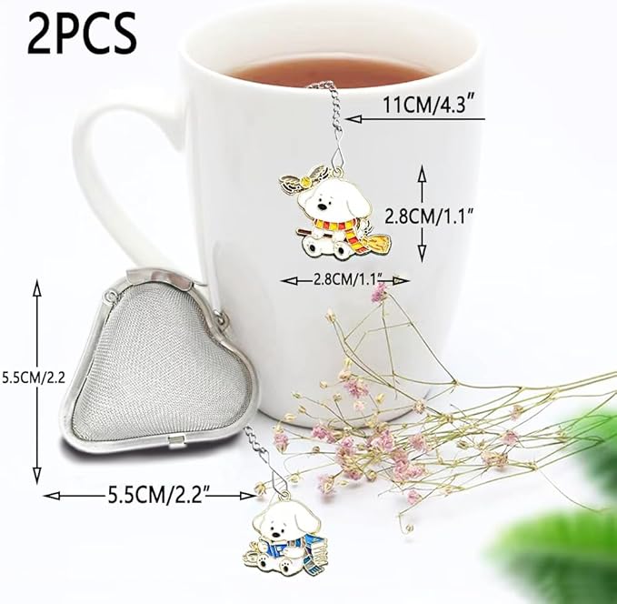 Cute Dog Pendant Tea Infuser, 2pcs loose tea strainer, tea ball infuser, Heart shaped stainless steel tea ball Make tea drinking fun(Reading + Mop Puppy)