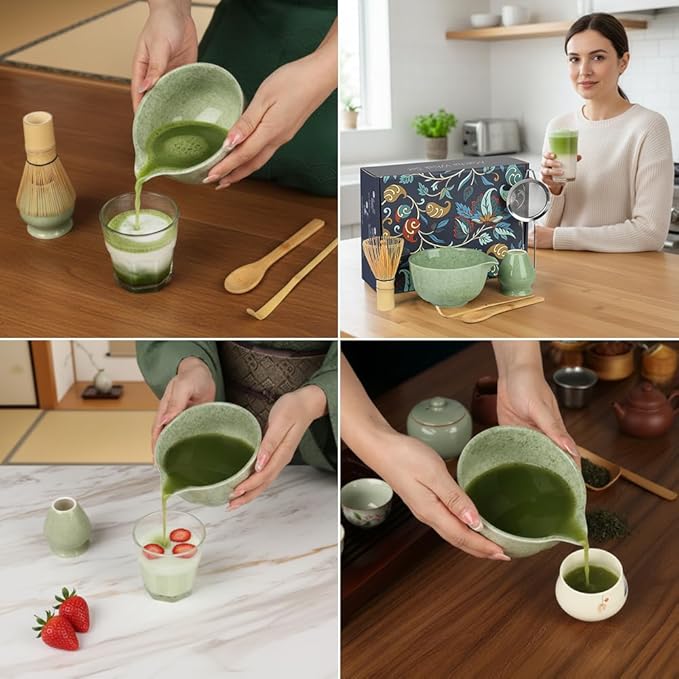 Matcha Whisk Set, 6 PCS Matcha Set-Ceramic Bowl, Whisk and Holder, Scoop, Spoon & Sifter, Complete Tea Ceremony Kit Set, Gift Box for Matcha Lovers, Birthday (Mottled Tea Green)