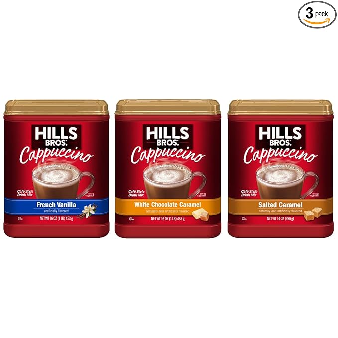 Hills Bros. Cappuccino Mix – Rich, Frothy Coffeehouse-Tasting Instant Drink Mix – Quick and Easy Preparation – Perfect for Hot & Iced Drinks & Creaming Coffee – Rich Variety Pack, 2 Packs of 16oz & 1 Pack of 14oz