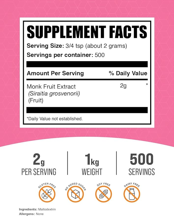 BulkSupplements.com Monk Fruit Extract Powder - Luo Han Guo Extract, Monk Fruit Without Erythritol - 500 Servings, Gluten Free, 2g per Serving, 1kg (2.2 lbs) (Pack of 1)