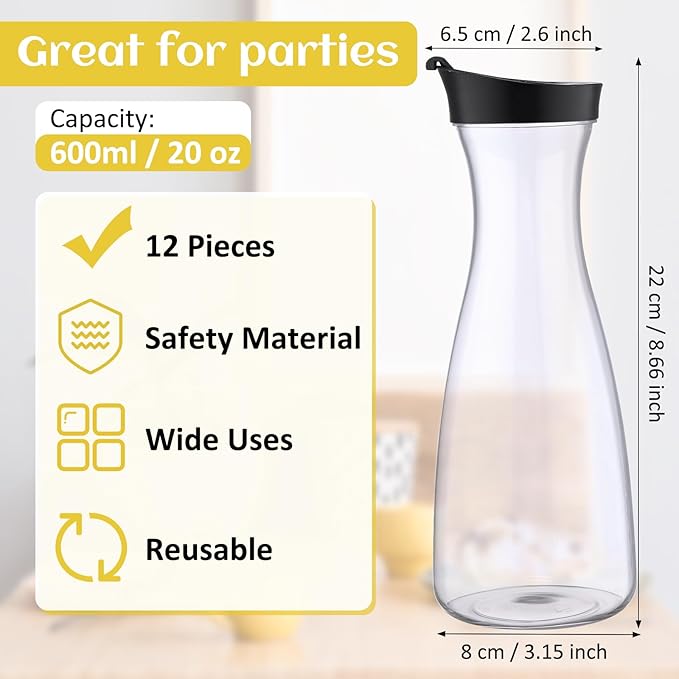 Xinnun 12 Pcs Water Carafe with Flip Top Lid Plastic Carafe with Black Lid Clear Plastic Water or Juice Beverage Pitcher Jug for Restaurant Party School Bar Juice Milk Coffee (20 oz)
