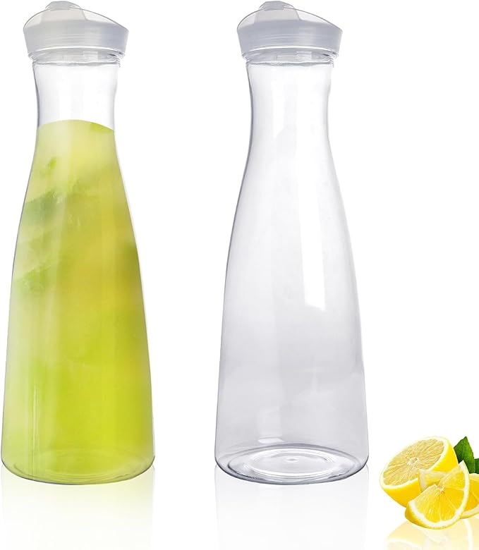 2 pack 50 oz Plastic Water Carafe with Flip Top Lid, Round Base Juice Containers for Mimosa Bar - BPA-Free Leakproof Beverage Pitcher for Water, Iced Tea, Milk & Fridge Storage（2Pack/50oz ）