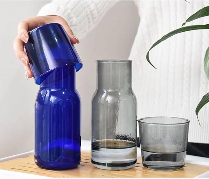 Bedside Glass Water Carafe Set with Cup, Glass Carafe with Lid Mouthwash Cups for Bedroom Bathroom Juice Wine Milk