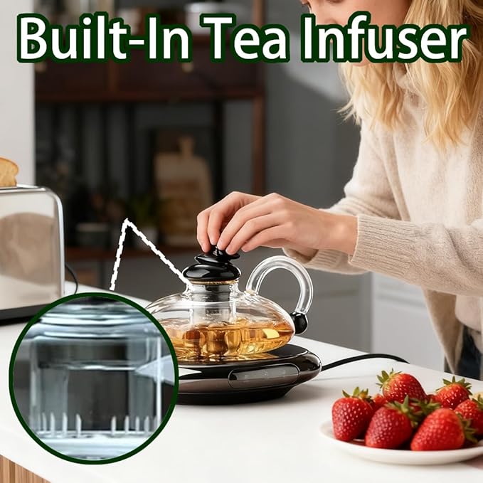 Electric Glass Teapot with Warmer - 20 Oz Glass Electric Tea Kettle with Infuser, 9-Temperature | 1000w Heating Ceramic Stove, TeaPot Set with Infuser for Loos Tea & Coffee (A with 4 Cups)