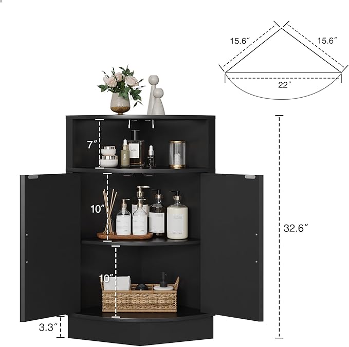 Corner Bathroom Cabinet, Modern Small Corner Cabinet with Fluted Door and Open Shelf, Space Saver for Bathroom, Living Room, Kitchen, Black