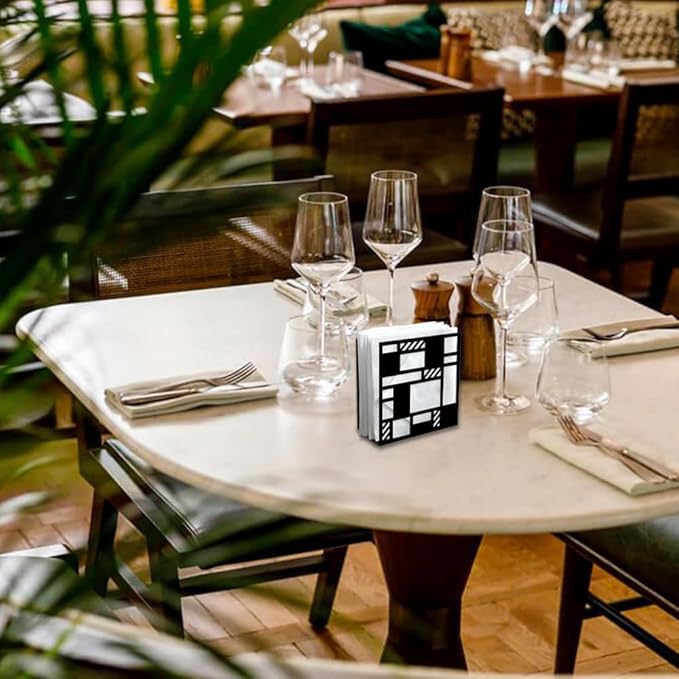 Modern Checkered Decorative Black Metal Napkin Holder for Table, 5.3" x 4.9" x 1.9" Geometric Cutout Standing Napkin Holder for Home Kitchen Restaurant Picnic Party Coffee Bar Dining Room
