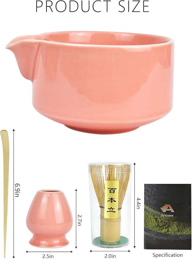 Artcome Premium Matcha Tool Set Pink, Includes Matcha Bowl, Whisk, Whisk Holder, Tea Scoop & Manual