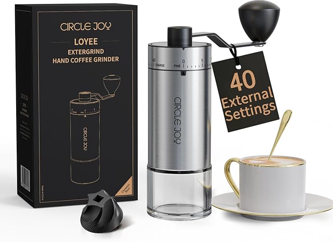 CIRCLE JOY Portable Manual Coffee Grinder with Ceramic Conical Burr and 40 External Adjustable Settings, Stainless Steel Hand Coffee Grinder for Camping, Travel and Espresso, Silver