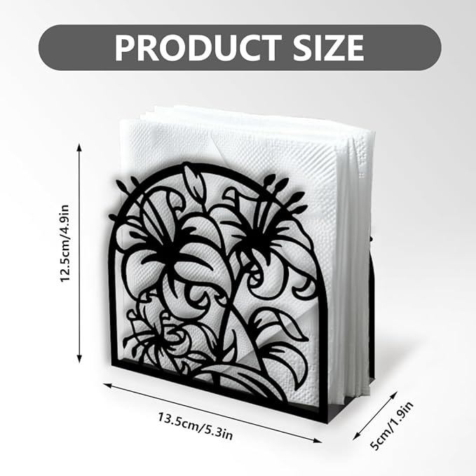 Lily Flower Decorative Black Metal Napkin Holder for Table, 5.3" x 4.9" x 1.9" Lily Floral Standing Napkin Holder for Home Kitchen Restaurant Picnic Party Coffee Bar Dining Room
