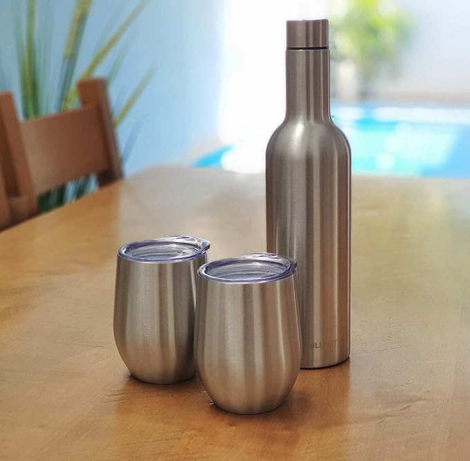 CHILLOUT LIFE 12 oz Stainless Steel Wine Tumblers 2 Pack & 1 Insulated Wine Bottle - Double Wall Vacuum Insulated Wine Glasses Cups with Lids and Straws Set Keeping Cold & Hot Gift Set