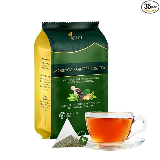 Attaya Moringa Ginger Bliss Tea – 35 Pyramid Bags | Antioxidant Superblend for Energy, Metabolism & Immunity | Moringa • Ginger • Tulsi • Black Pepper • Green Tea