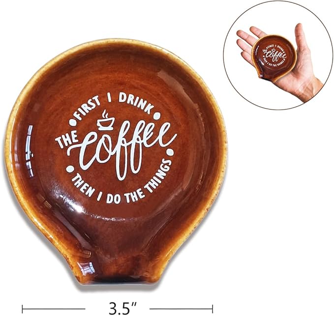 Funny Coffee Quote First I Drink The Coffee Then I Do The Things Ceramic Spoon Holder-Brown Coffee Spoon Rest -Cafe Station Bar Accessories