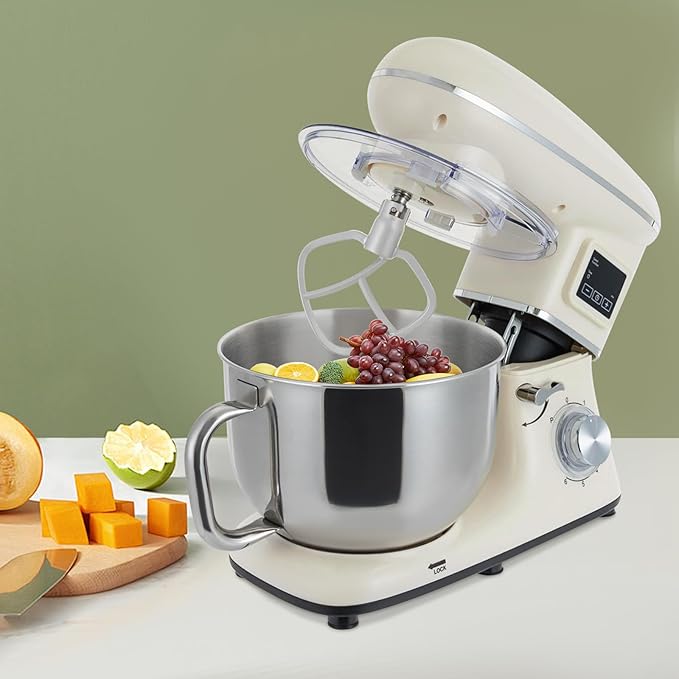 6.5Qt Stand Mixer, 1350W Electric Household Stand Kitchen Mixer With Lcd Timer Display, 6-Speed Dough Maker With Whisk Beater & Hook, For Baking Bread Cake Cream, Compact For Small Kitchen (white)