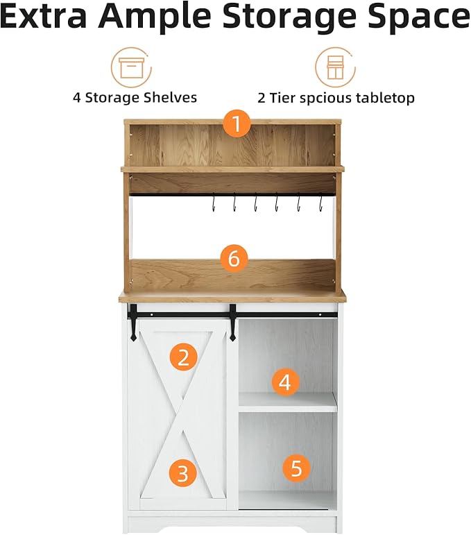 Farmhouse Coffee Station with 3 Tier Storage Hutch & 6 Hooks - 56 Inch Small Coffee Bar Table with Adjustable Shelves for Living/Dining Room