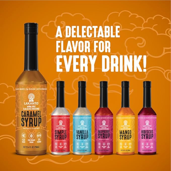 Lakanto Simple Flavoring Syrup - Monk Fruit Sweetener with Allulose, Perfect for Coffee, Tea, Cocktails, Snow Cones, Sodas, Other Drinks, Keto, Vegan (Caramel - 25.4 fl oz)