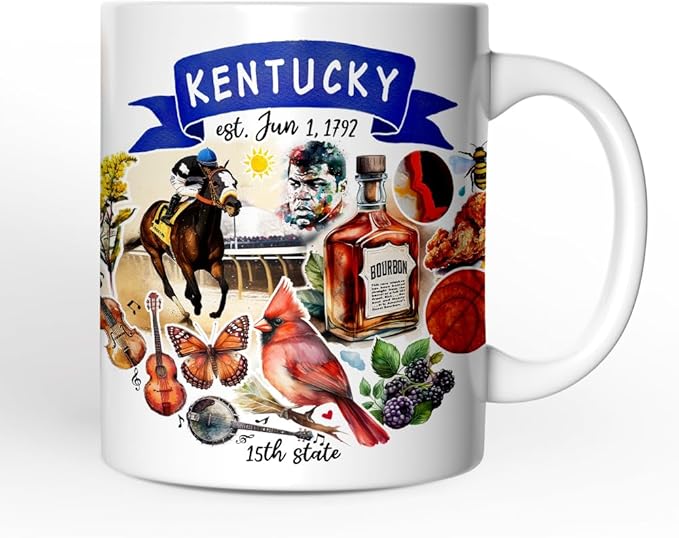 OrnamentallyYou State Travel Landmark Mugs – 12 oz Ceramic Coffee Cups, U.S. Souvenir Gift for Tourists (Artistic Kentucky State Themes and Landmarks Mug)