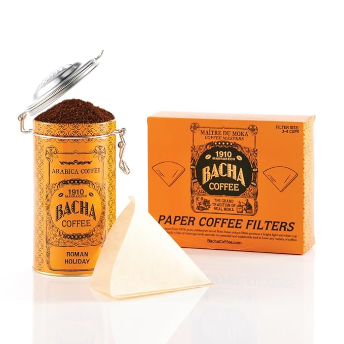 Bacha Coffee | Roman Holiday Fine Blended Coffee, Autograph Collection, 100% Arabica Specialty Coffee, Ground Beans, Medium Light Roast, 250g & 100% Natural Unbleached Wood Fibre Paper Filters, Large