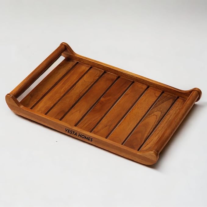 Vesta Homes Extra Large Teak Wood Serving Tray for Home, Kitchen, Breakfast, Restaurant, Office Organizer, Dining Table | Premium Wooden Serving Trays |18*12*2.25 Inches | Handcrafted in India