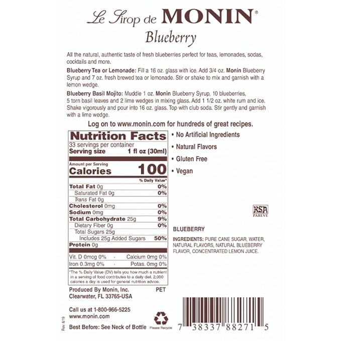 Monin - Blueberry Syrup, Mildly Sweet & Tart Blueberry Flavor, Great for Teas, Lemonades, Smoothies, & Cocktails, Gluten-Free, Non-GMO (1 Liter)