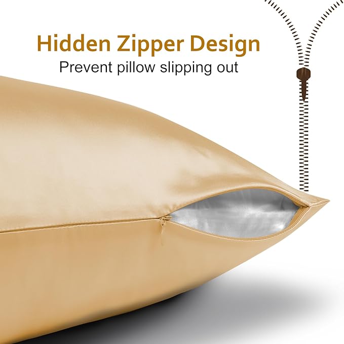 Ravmix Silk Pillow Cases with Zipper, 21momme Mulberry Silk Pillowcase for Hair Skin Health, Soft Smooth Breathable Cool Pillow Cover for Beauty Sleep with Gift Box 1PC(Standard 20"x26", Gold)