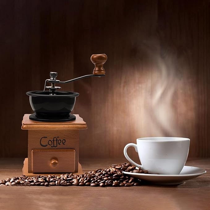 Manual Coffee Grinder, Vintage Wooden Mini Portable Hand Crank with Ceramic Burr, Coffee Grinder Manual Adjustable Coarseness Setting for Espresso French Press Drip Coffee, Antique Display Gift