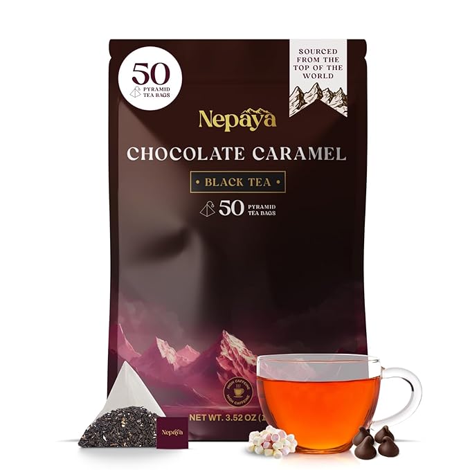 Chocolate Caramel Black Tea Bags, Dessert Inspired Blend with Caramel, Strawberry, Marshmallow & Cocoa – 50 Biodegradable Pyramid Bags, Individually Wrapped Black Tea with Strawberry Flavor