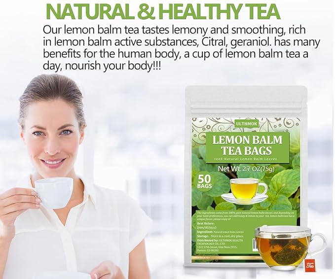 Premium Lemon Balm Leaf Tea, 50 Bags. Made with 100% Natural Lemon Balm Leaves, No Additive & Caffeine Free, Promotes Relaxation & Support Digestion.