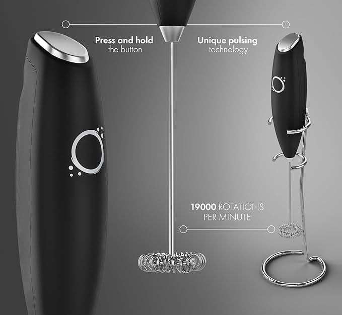Handheld Milk Frother for Coffee Lattes Cappuccinos Matcha Tea Almond Oat Coconut Milk Electric Drink Mixer Stainless Steel Whisk Battery Operated Hand Frother with Stand & Recipes (Black)