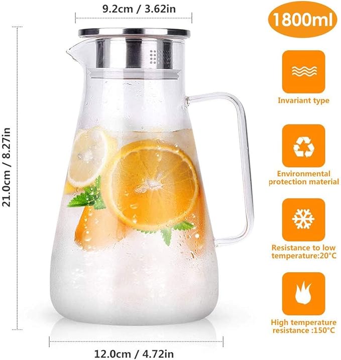 Hwagui - Large Heat Resistant Glass Pitcher with Stainless Steel Lid, Water Carafe with Handle, Good Beverage Pitcher for Homemade Juice and Iced Tea, 1800ml/61oz