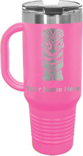 LaserGram 40oz Vacuum Insulated Travel Mug with Handle, Tiki Statue, Personalized Engraving Included (Pink)