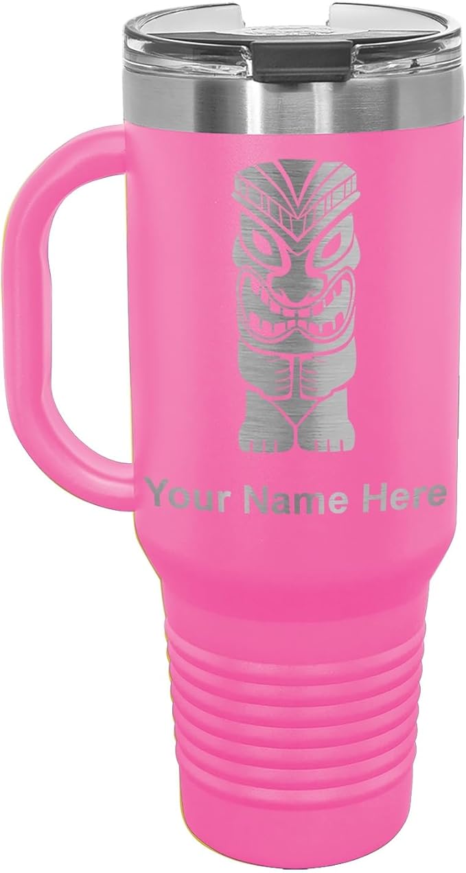 LaserGram 40oz Vacuum Insulated Travel Mug with Handle, Tiki Statue, Personalized Engraving Included (Pink)