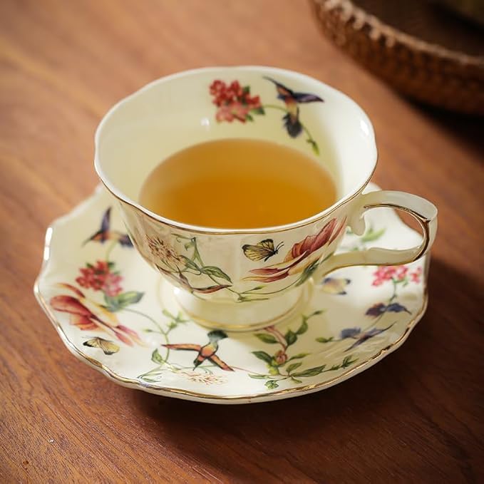 fanquare Vintage Spring Style Tea Cup and Saucer Set, 8 oz Porcelain Coffee Cup with Gold Trim, Flower and Bird Teacups for Women and Tea Parties