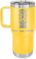 LaserGram 20oz Vacuum Insulated Travel Mug with Handle, Tiki Statue, Personalized Engraving Included (Yellow)