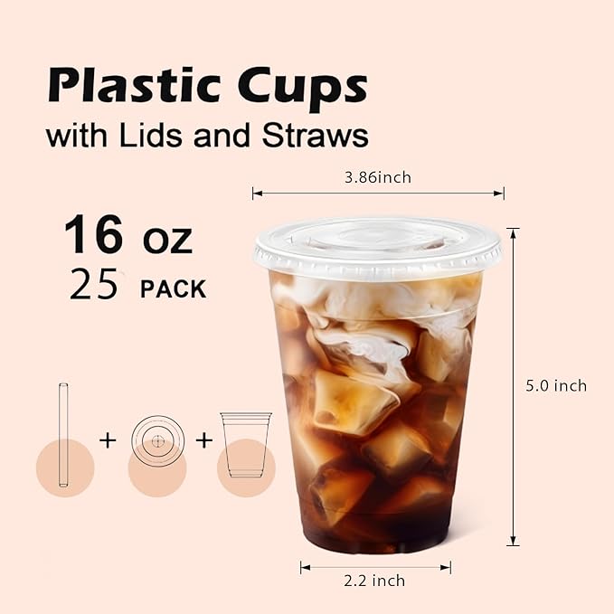16 oz Clear Plastic Cups with Lids and Straws, 25 Pack Disposable Cold Drink Cups for Iced Coffee, Smoothies, Soda, Juice, Milk Tea, Ideal for Cafes, Parties, and Daily Use