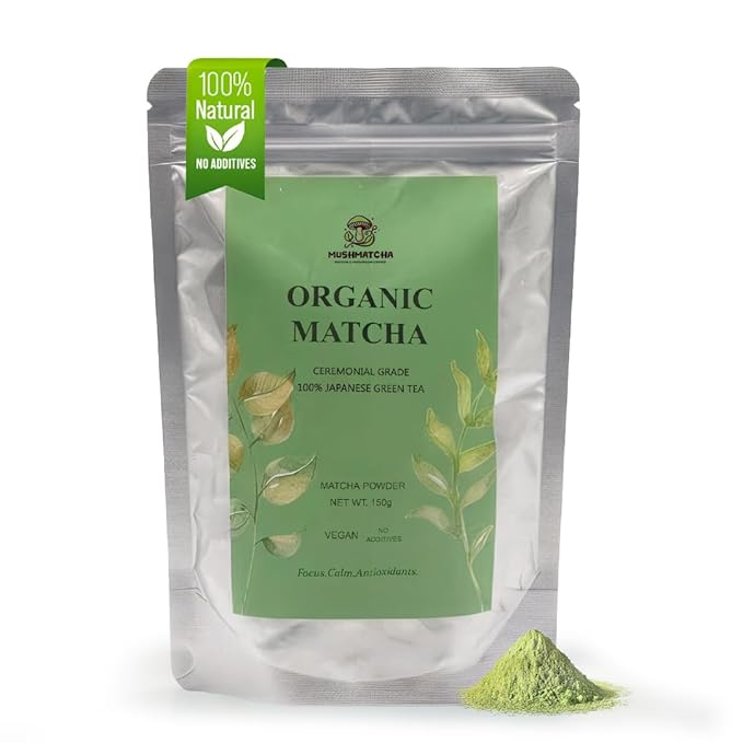 MushMatcha Organic Premium Matcha Grade 3A - Green Tea Powder Unsweetened for Lattes, Tea, and Smoothies, Smooth Taste and Natural Focus, 100% Pure Jade Leaf Blend Formula, 100g Resealable Pouch