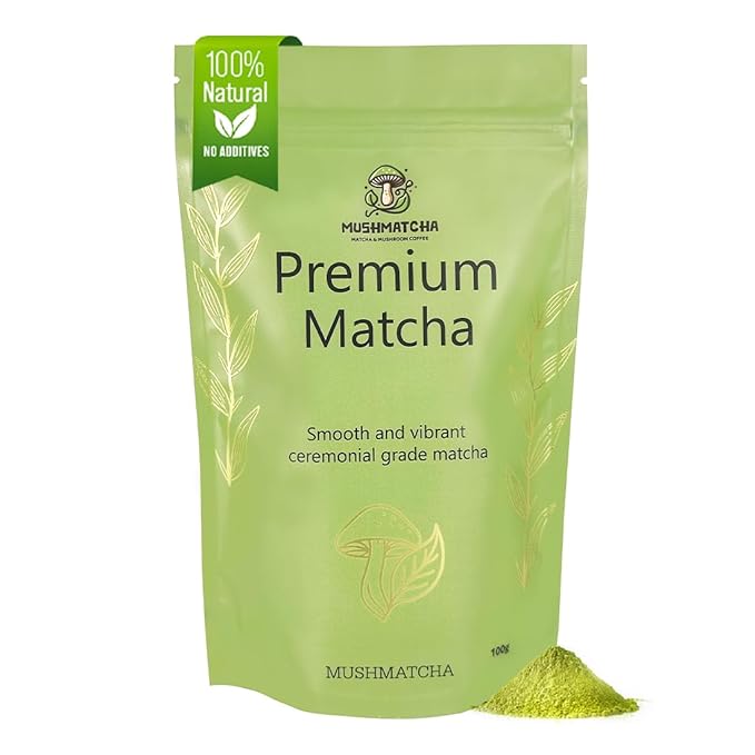 MushMatcha Premium Ceremonial Matcha Powder Grade 5A – Organic Green Tea for Lattes, Smoothies & Baking, Stone-Milled Pure Jade Leaf Blend, Unsweetened Formula with Smooth Taste, 100g Resealable Pouch