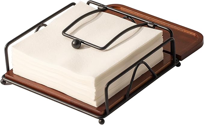 Baffect Napkin Holder For Table With Salt And Pepper Tray, Flat Napkin Dispenser With Weighted Arm,Black Napkin Storage For Dinner, Table Decor, Kitchen, Home Bar, Party, Hotel (Wood, Metal)