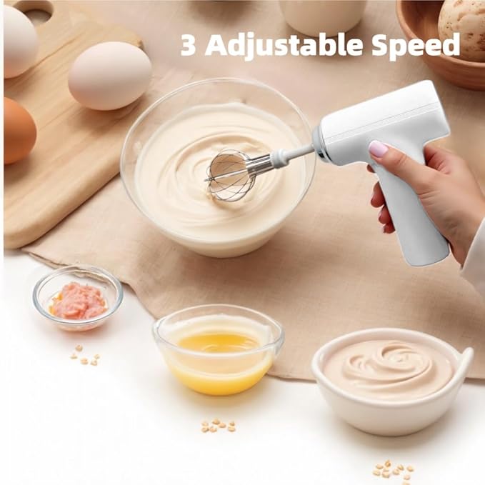 Cordless Hand Mixer, One Touch Off Handheld Electric Whisk with 3 Speed Modes, Hand Held Egg Beater with 2 Detachable Stir Whisks (White）