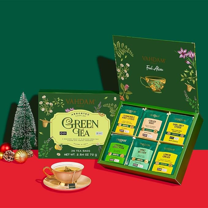 VAHDAM, Green Tea Variety Pack Sampler Assortment (36 Pyramid Tea Bags, 6 Flavor) | Non-GMO Project Verified Himalayan Green Tea with No Artificial Ingredients | Christmas Tea Gift Set