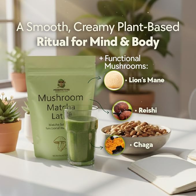 Mushmatcha Mushroom Matcha Latte Powder - Ceremonial Grade Organic Matcha Green Tea with Adaptogenic Mushrooms - Vegan Superfood Drink for Focus & Natural Energy - No Additives, 100% Natural - 100g
